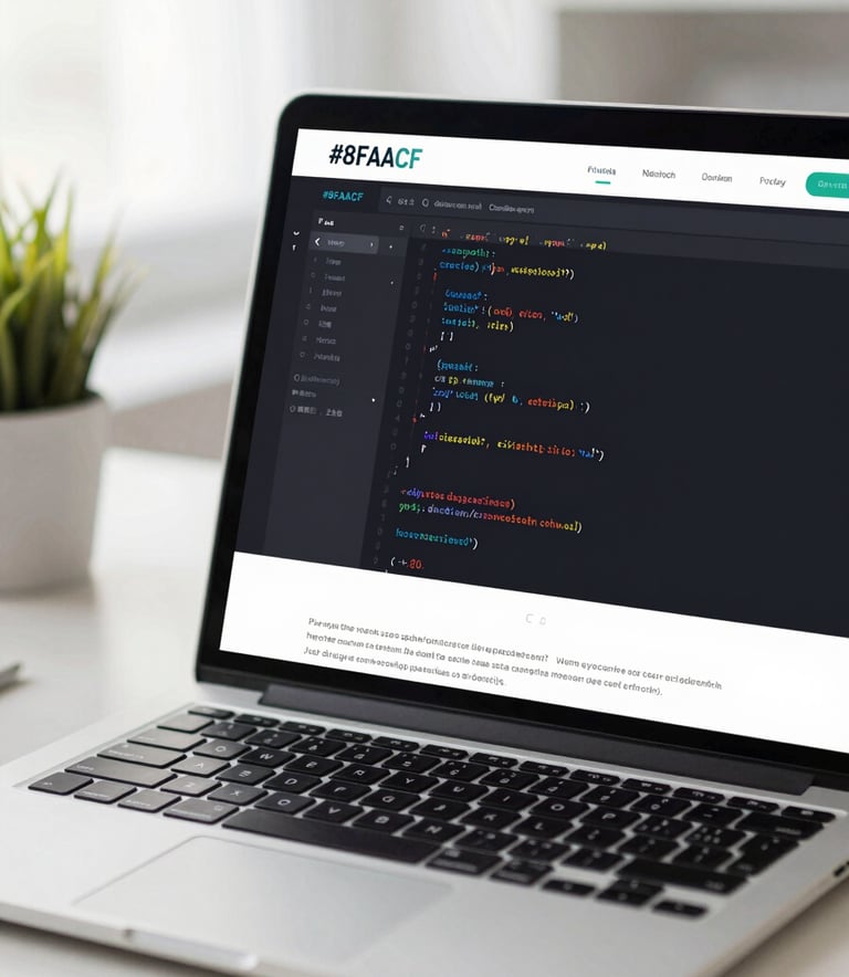 A close-up shot of a high-resolution laptop screen displaying elegant code and a modern web interface, with soft daylight and a clean office background, highlighting technical excellence and #8FAACF accents.
