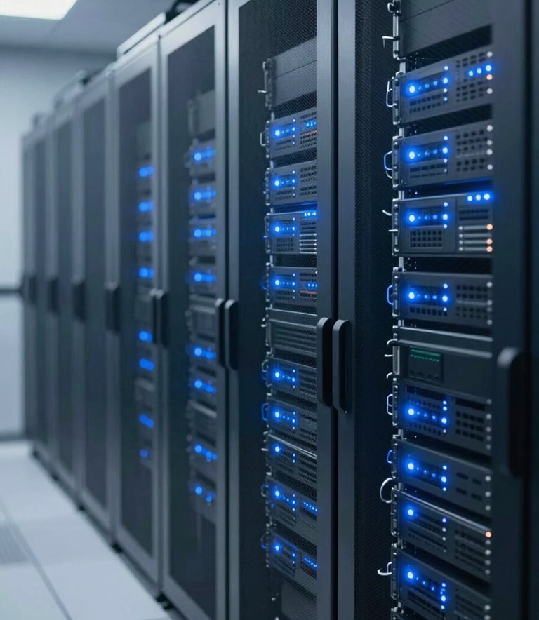 A clean and modern high-tech server room with glowing blue LED indicator lights, symbolizing secure and scalable system integration, using a professional palette of #0E1A2C and #3D5A7F.