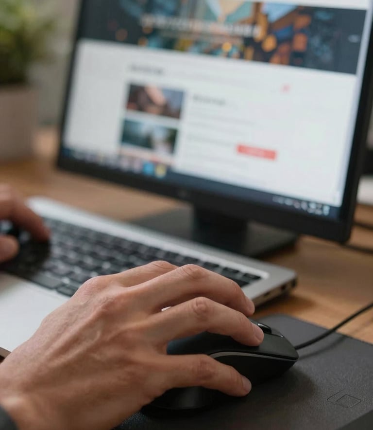 A focused close-up shot of a designer's hands using a high-end mouse and keyboard, with a blurred screen showing a website layout, soft studio lighting, reflecting expertise and modern web design standards in a North American / US (West Virginia / Virginia) office.