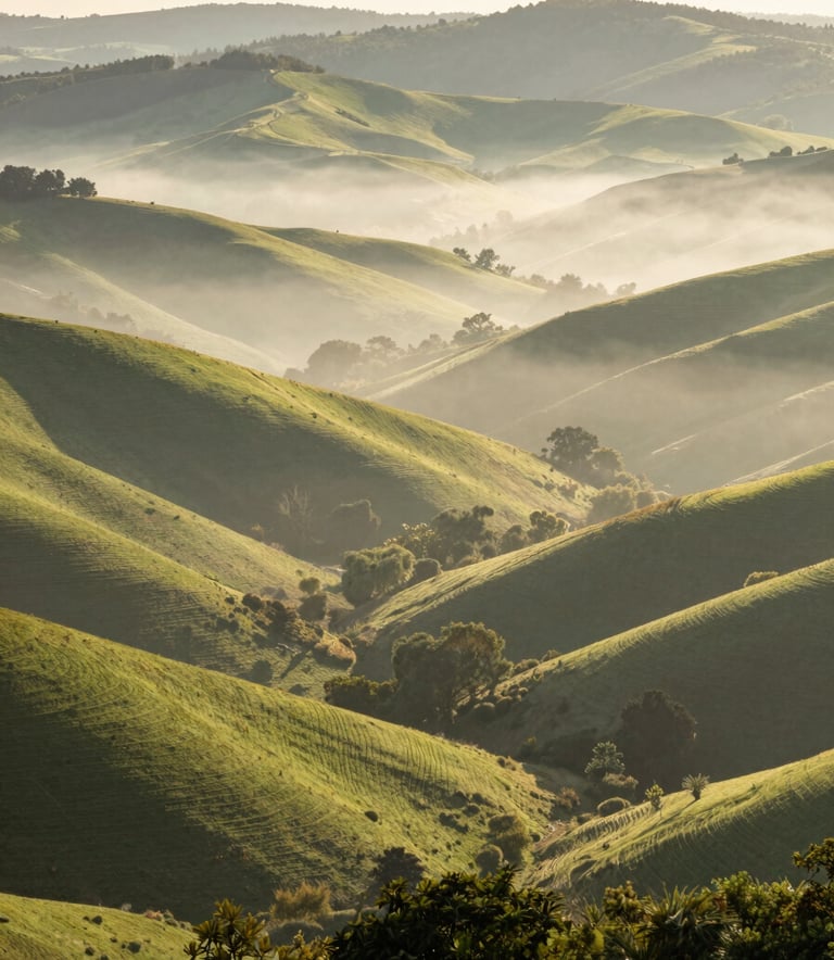 A high-resolution landscape photograph of the rolling green hills and misty valleys of Hampshire County, West Virginia, during a bright morning, captured with a wide-angle lens in a professional travel photography style, incorporating natural tones of light green and beige.