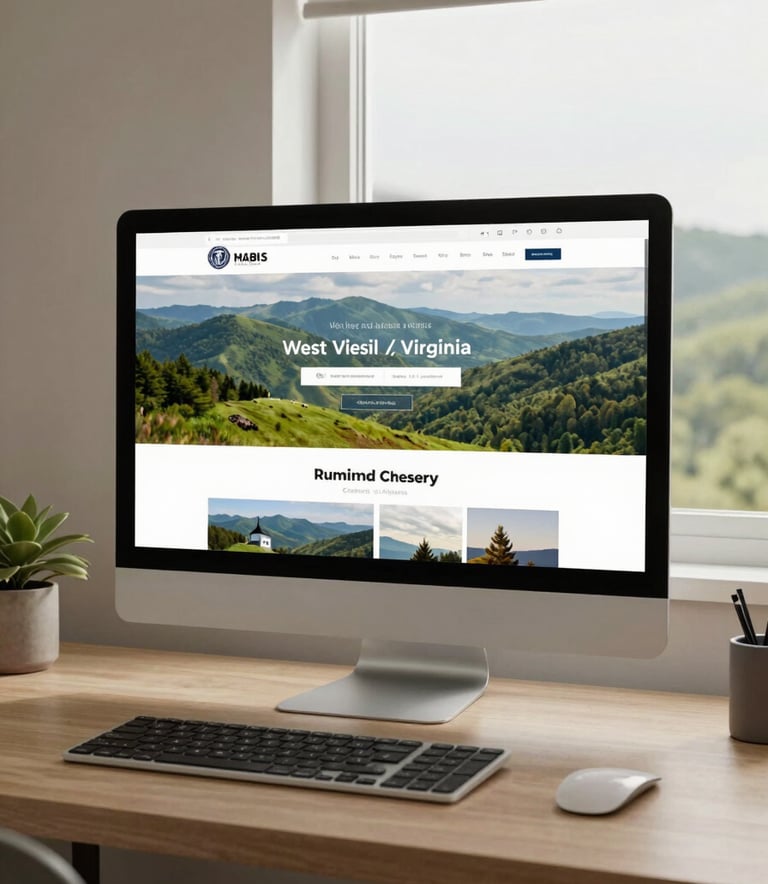 A clean, modern home office setup in North American / US (West Virginia / Virginia), featuring a large monitor showing a sleek website design. A window shows the rolling green hills of the Appalachian landscape. The lighting is soft and approachable, using a palette of beige and light green.