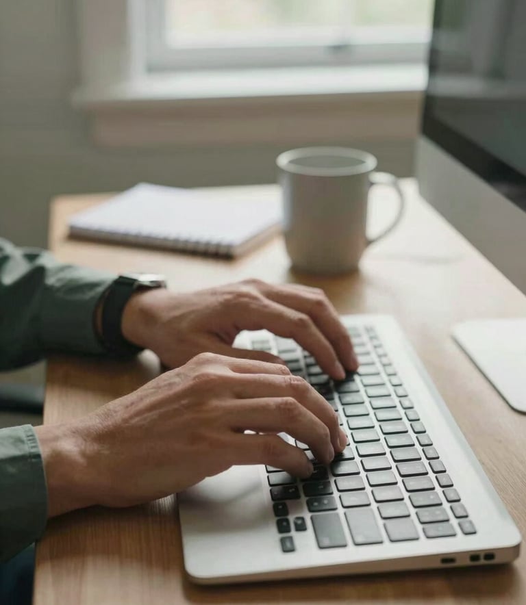 A close-up of a professional's hands on a modern keyboard in a bright office in West Virginia. On the desk is a ceramic mug and a notepad. Soft daylight from a window illuminates the scene in beige and medium green tones. Professional and reliable atmosphere.