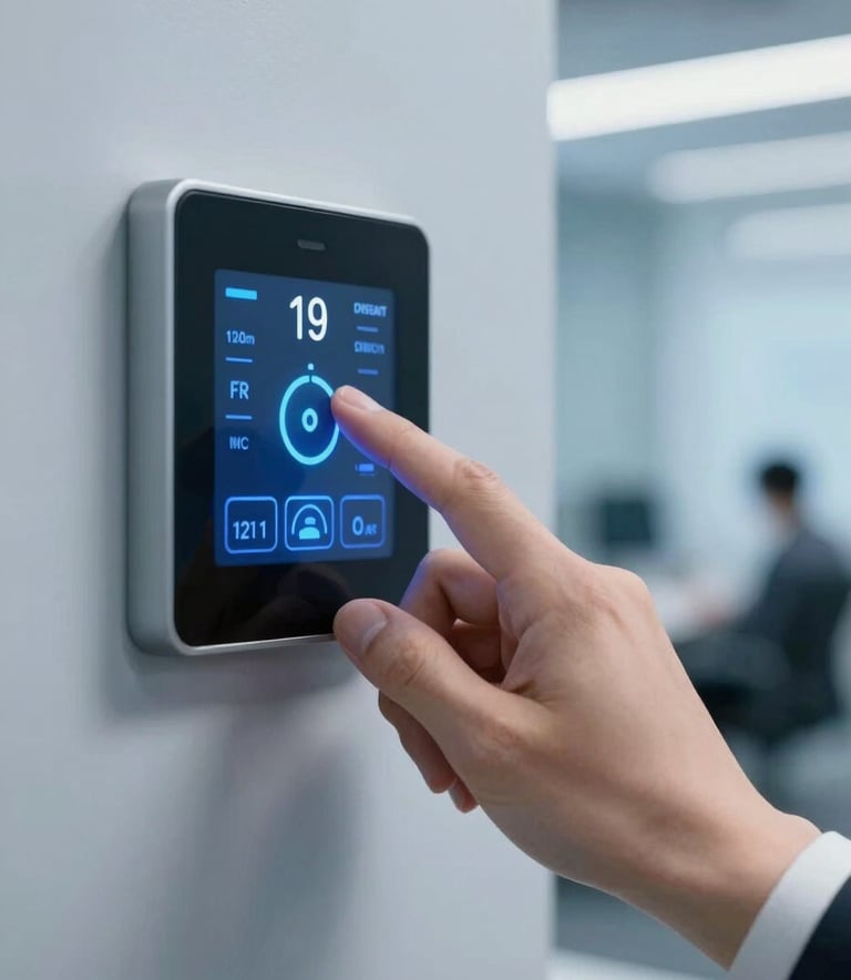 Close-up of a high-tech climate control interface on a wall, a hand adjusting the temperature, blurred professional office environment in the background, cool blue lighting, high expertise vibe.