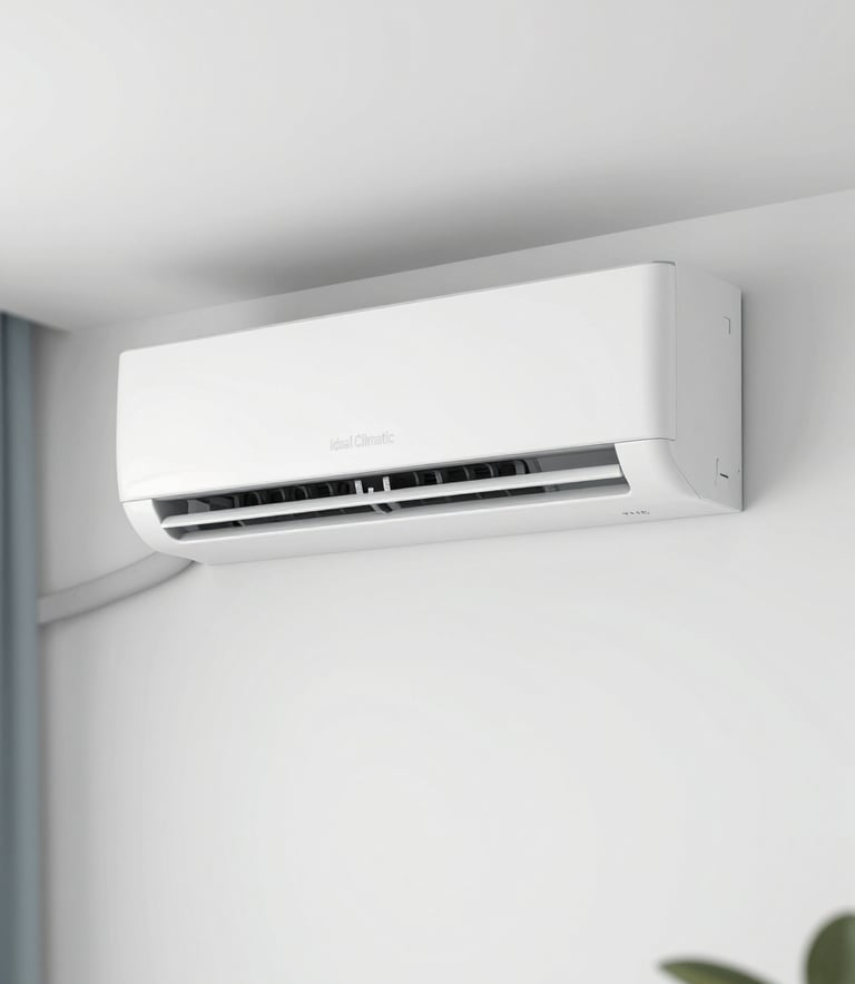 A clean, modern indoor environment with a sleek air conditioning unit subtly installed on a white wall. The scene exudes comfort and a perfect climate. Soft lighting highlights the efficiency and professional aesthetic of Ideal Climatic, using #F6F8FA and #AABCCF tones.