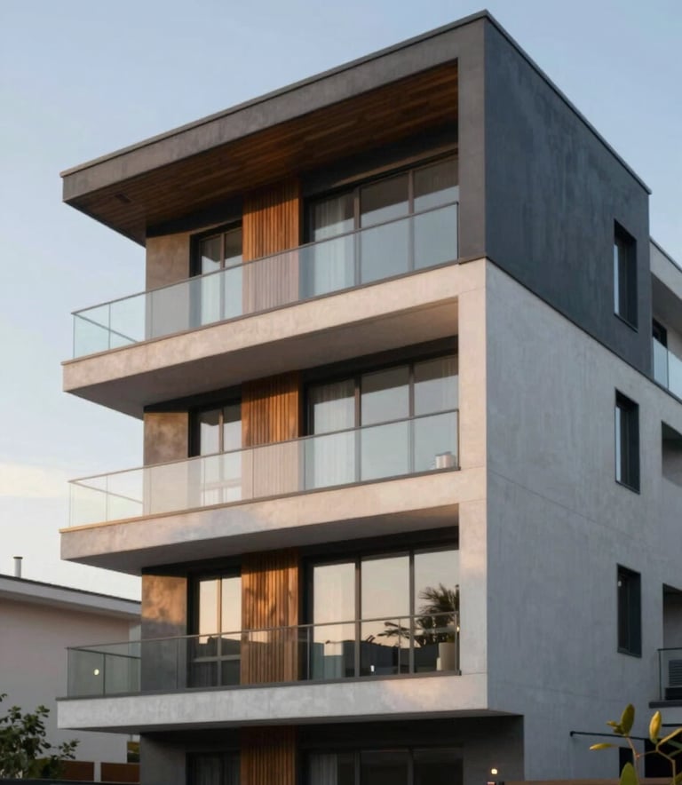 An ultra-modern residential exterior featuring glass, concrete, and dark wood accents. The photography is clean and architectural, captured during the golden hour to highlight textures. The color palette emphasizes #1A202C in the building's trim and #4A5568 in the shadows.