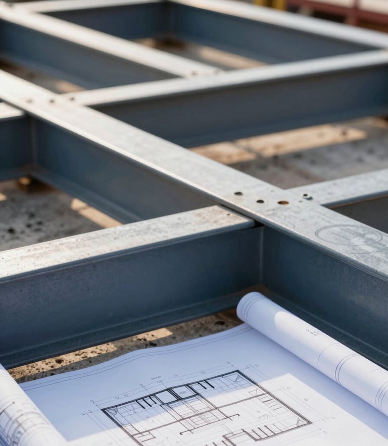 A sharp, high-resolution close-up of a construction site featuring modern steel beams and architectural blueprints. The lighting is crisp morning sun, highlighting precision and craftsmanship. The color palette includes professional tones of #4A5568 and #A0AEC0.