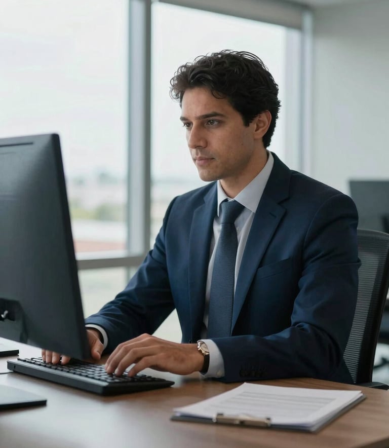 A professional South American / Brazilian administrator in a modern office, working on a clean digital interface with muted steel blue and deep navy blue accents, soft natural lighting filtering through large windows.