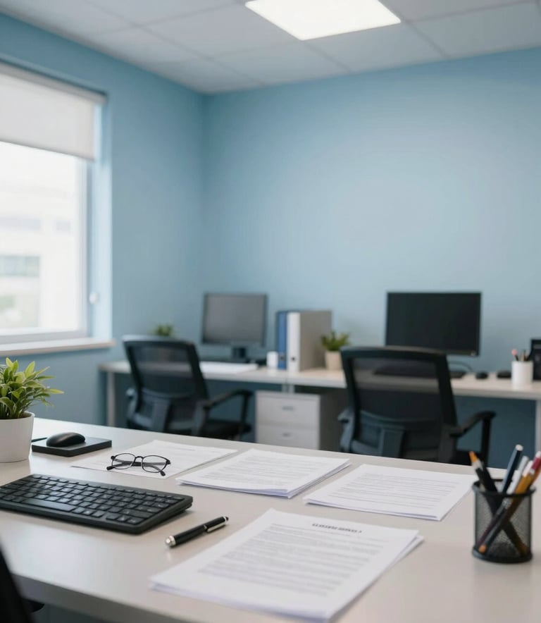A clean, modern South American / Brazilian administrative workspace featuring soft sky blue office decor and professional documents, captured with bright, even photography and a wide-angle composition.