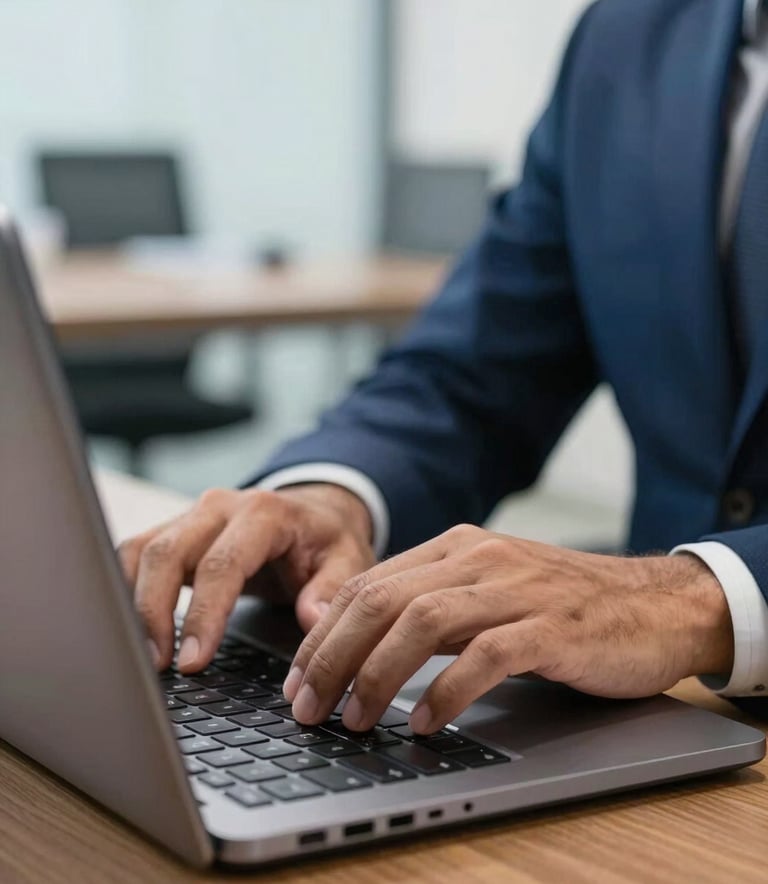Close-up of hands typing on a laptop in a bright South American / Brazilian government office, professional setting, deep blue and steel blue accents, modern clean atmosphere.