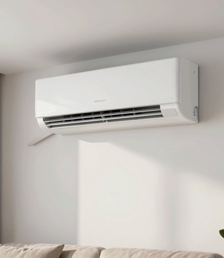 A sleek, modern wall-mounted split air conditioner in a bright, minimalist South American living room. The lighting is soft and natural, emphasizing the clean white surfaces and professional installation.