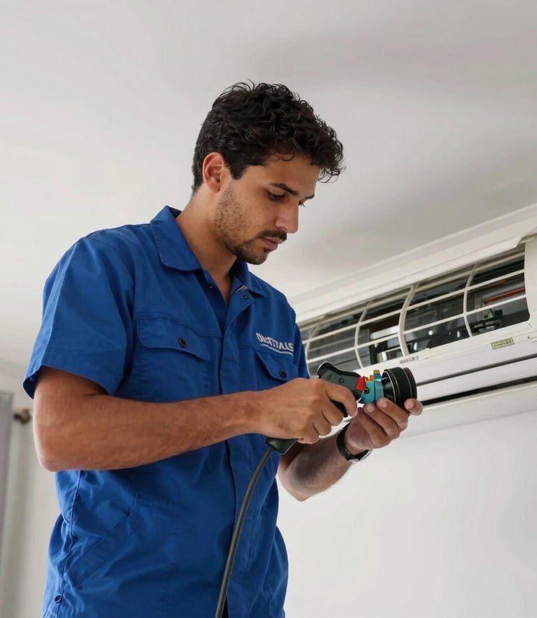 A professional technician wearing a blue uniform with the logo subtly visible, working on a clean white AC unit inside a modern Brazilian apartment. He looks focused and professional, using modern tools.