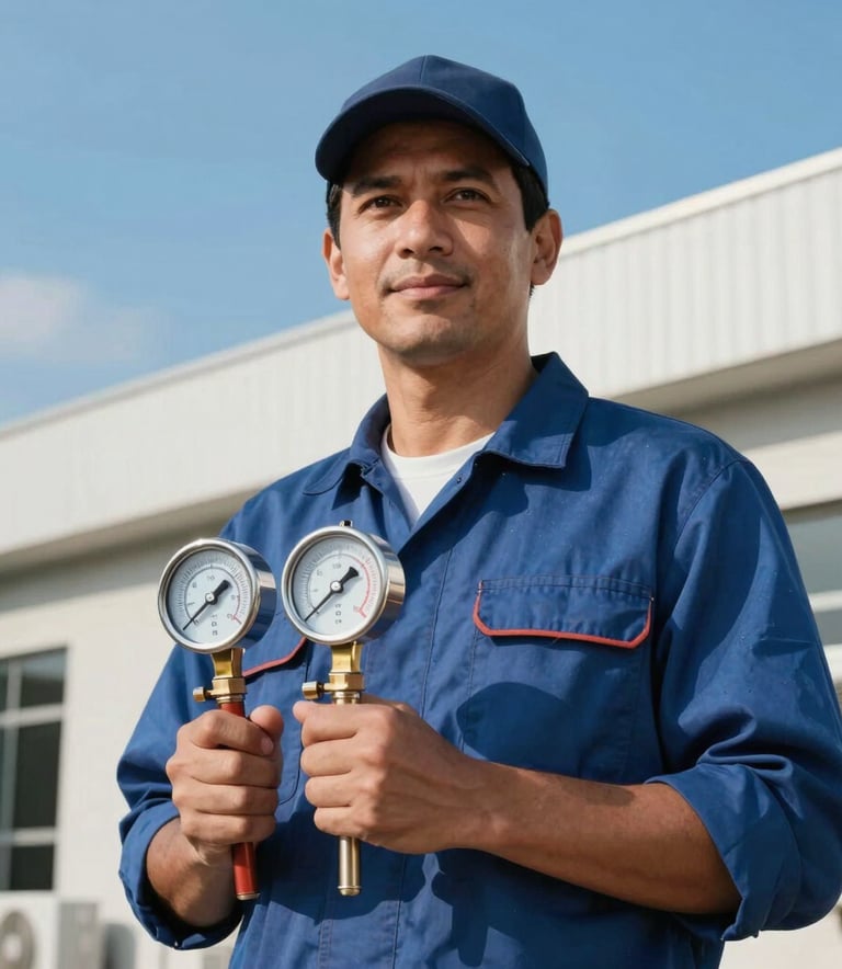 A professional South American / Brazilian HVAC specialist holding a set of gauges and tools, standing confidently in front of a modern building, bright blue sky in the background, professional and trustworthy look.