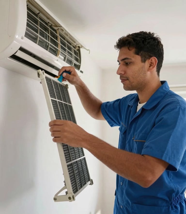 A focused South American / Brazilian technician in a professional blue uniform carefully cleaning an indoor air conditioning unit filter, bright natural indoor lighting, clean and professional photography.