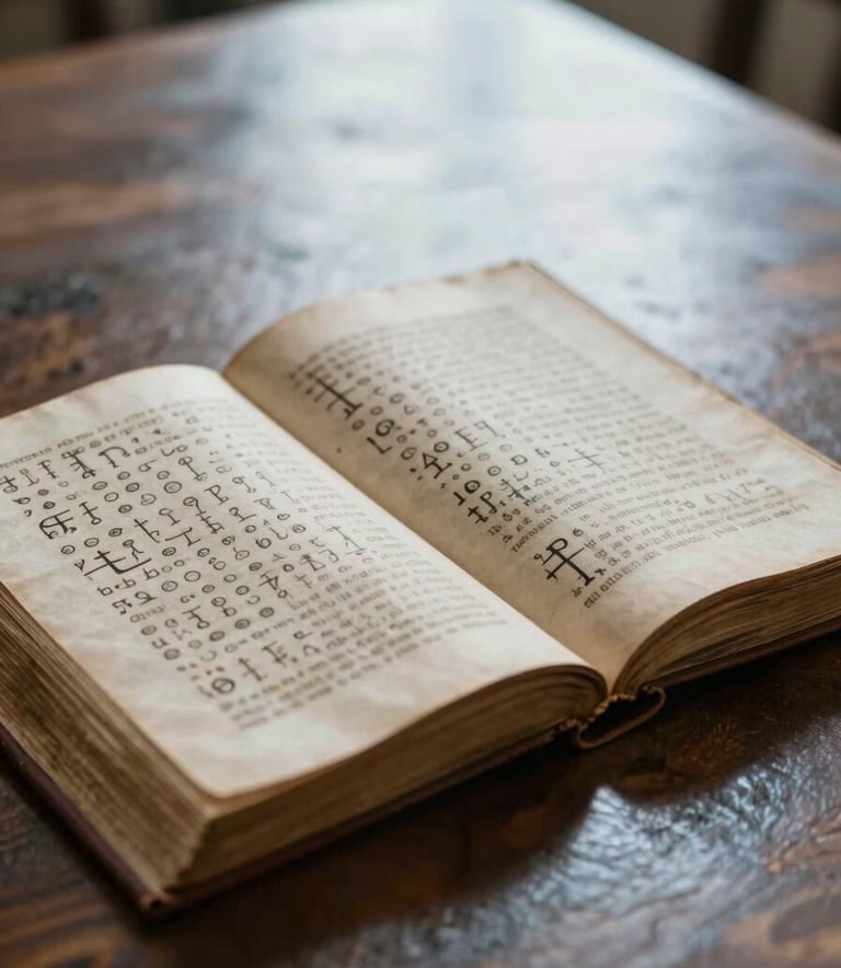 A close-up photograph of an open ancient manuscript with faint alchemical symbols, resting on a wooden table in a room filled with Soft Sky Grey light and Muted Steel Blue shadows, creating a reflective and academic mood.