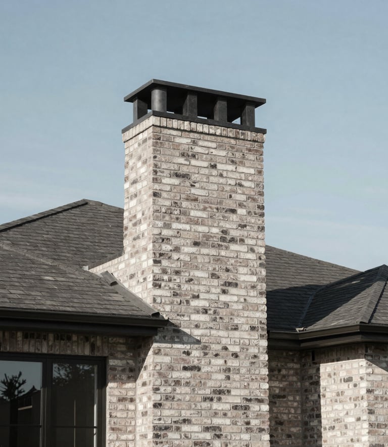 A wide-angle, minimalist photograph of a modern North American residential home featuring a clean-lined brick chimney against a clear sky, emphasizing professional construction and craftsmanship.
