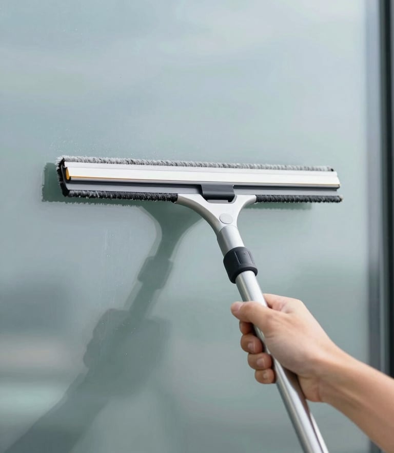 Close-up of a professional window cleaning squeegee wiping a pane of glass to reveal a sharp, clean reflection. The palette uses #4A6B7E and #F0F4F7 to emphasize cleanliness.