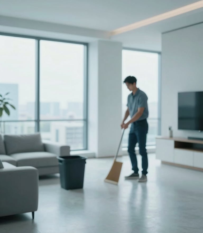 A high-end apartment interior after a professional clean-out, featuring polished surfaces, spotless windows, and a minimalist aesthetic. Lighting is bright and professional, with cool blue #8EA4AF accents in the decor.