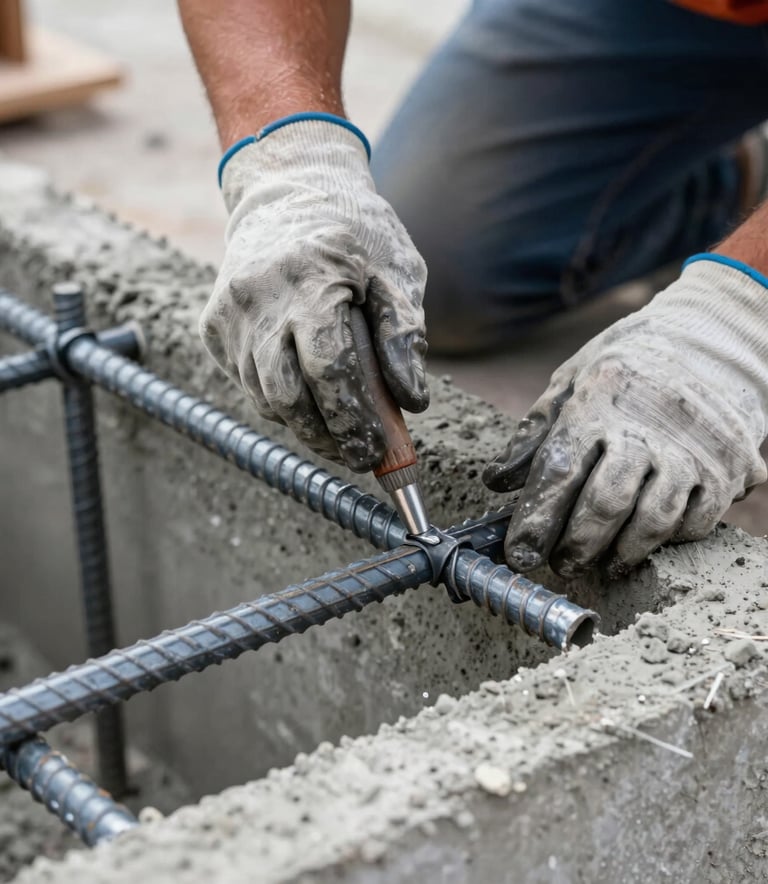 A close-up of hands in work gloves skillfully applying a protective coating to a metal re-bar within an opened cement sill, professional construction site in Florida.