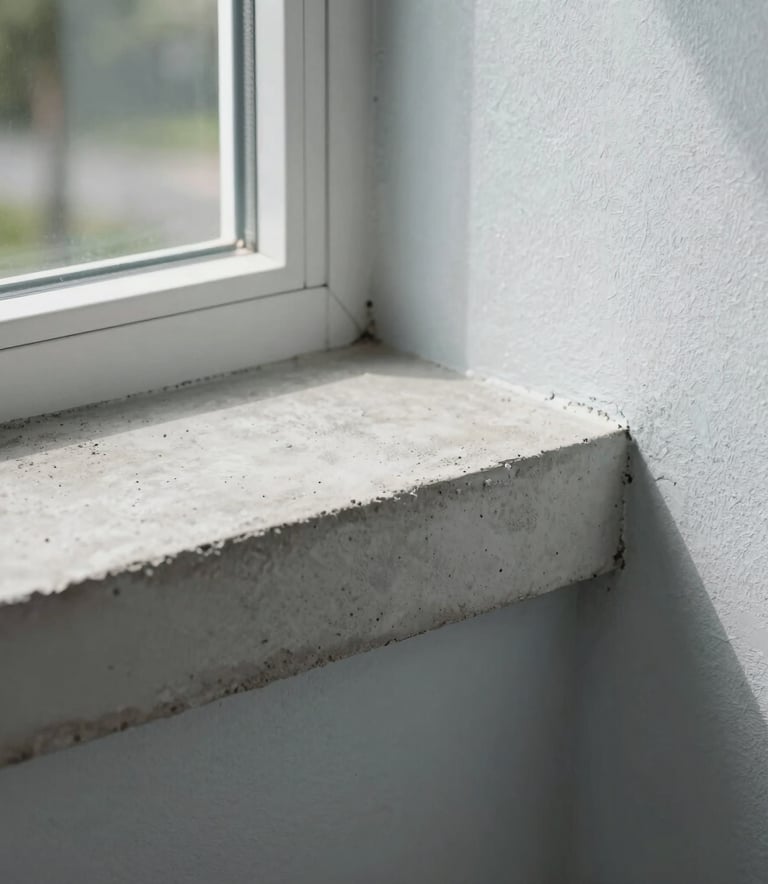 A close-up of a professionally finished cement window sill in light gray against a pale blue-gray stucco wall, high-quality masonry work in a North American Florida residential setting, bright natural sunlight.