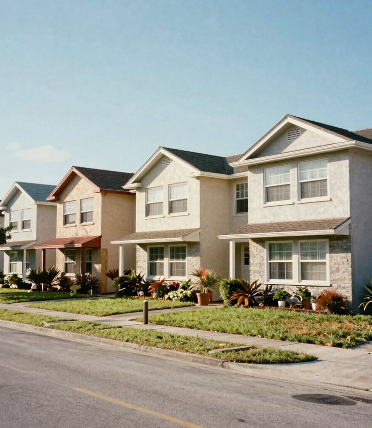 A row of 1980s North American / Florida residential houses with prominent cement window sills, under a bright, clear sky. The street is clean and quiet.