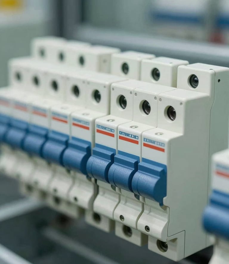 A close-up shot of modern industrial circuit breakers and switches arranged neatly, featuring off-white and slate blue accents, in a clean North American / International engineering facility.