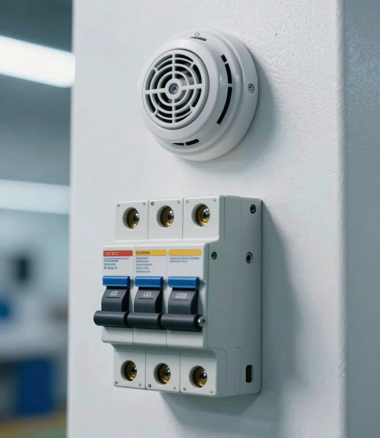 A sharp, professional photograph of a modern industrial smoke detector and a UL-listed circuit breaker mounted on a clean white wall in a North American / International textile factory setting. The lighting is bright and technical, with soft shadows and hints of sky blue and steel blue reflections on the metallic surfaces.