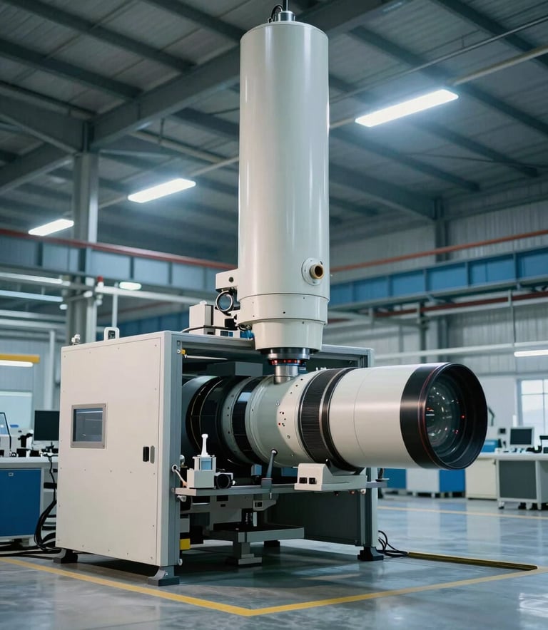 A wide-angle professional photograph of a technical beam detector installed on the high ceiling of a modern textile manufacturing plant in a North American / International industrial zone, illuminated by soft light blue and off-white lighting.