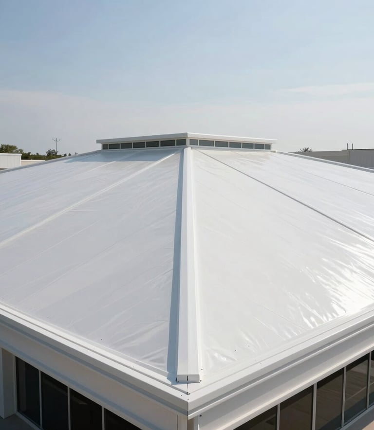 A wide-angle architectural photograph of a completed, clean white torchdown roof on a modern building in the US. Symmetrical composition, professional finish, bright sunlight reflecting off the durable waterproof surface.