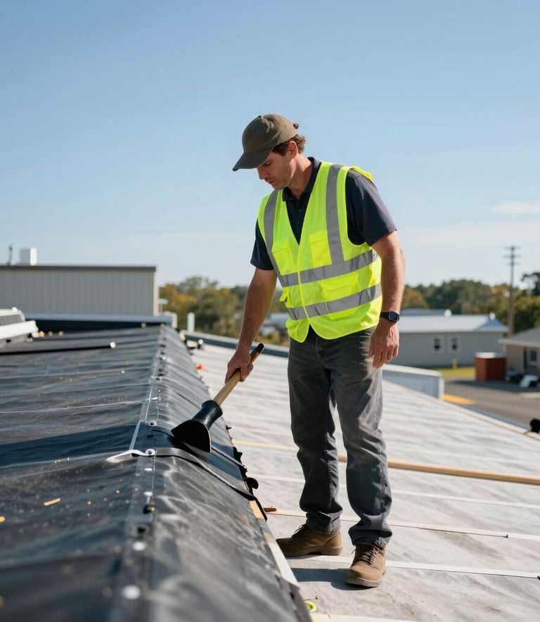 A professional roofing contractor in a high-visibility vest standing on a flat commercial roof in Toms River, New Jersey, US, inspecting a torchdown membrane installation. Bright daylight, clear blue sky.