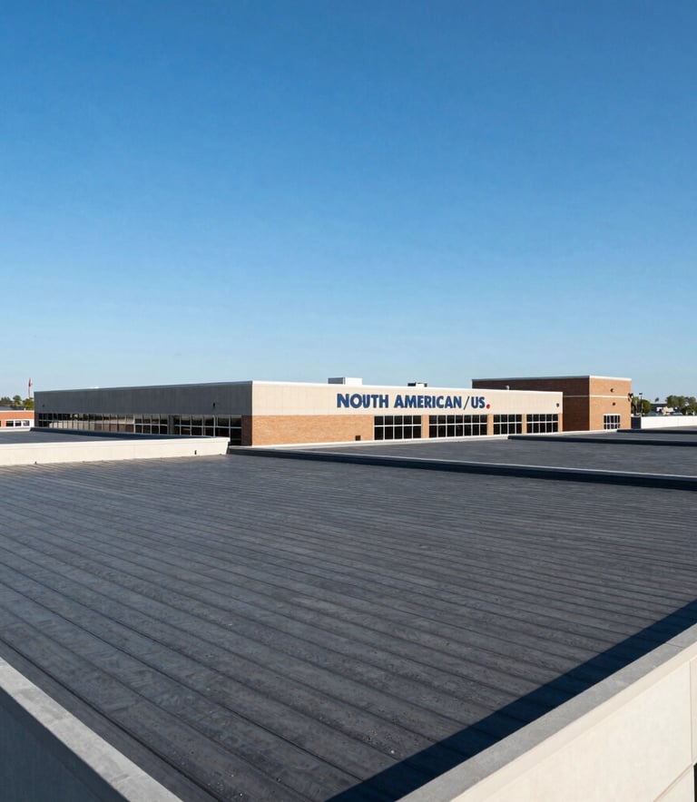 A wide angle shot of a commercial building in New Jersey with a perfectly finished dark gray flat roof under a bright blue sky, North American / US architecture.