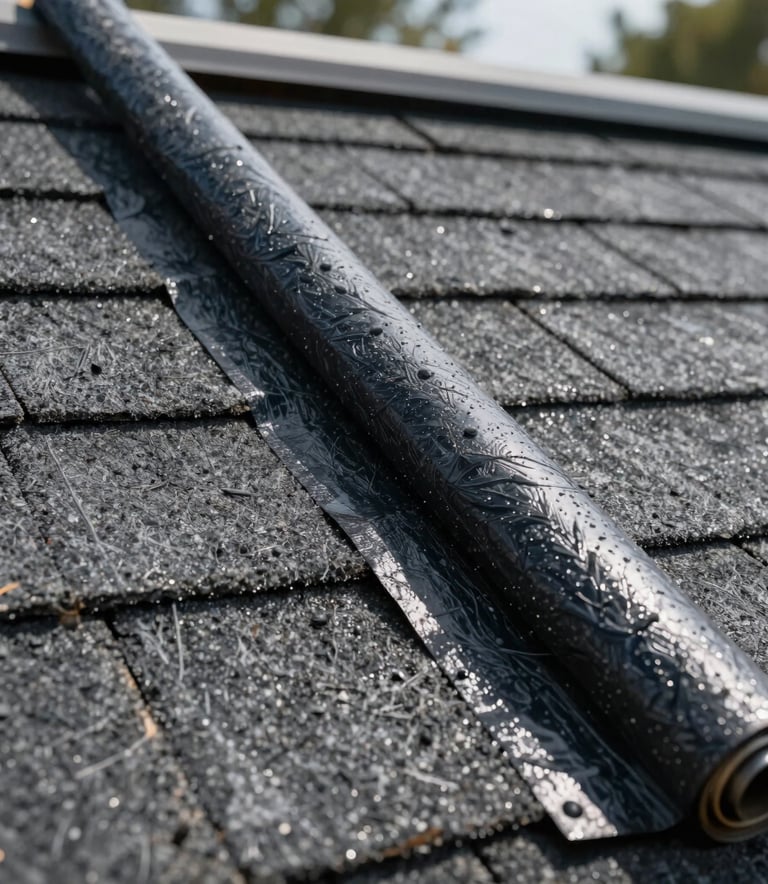 Close up of high-quality roofing torchdown materials showing the texture and waterproof seal on a North American / US residential building.