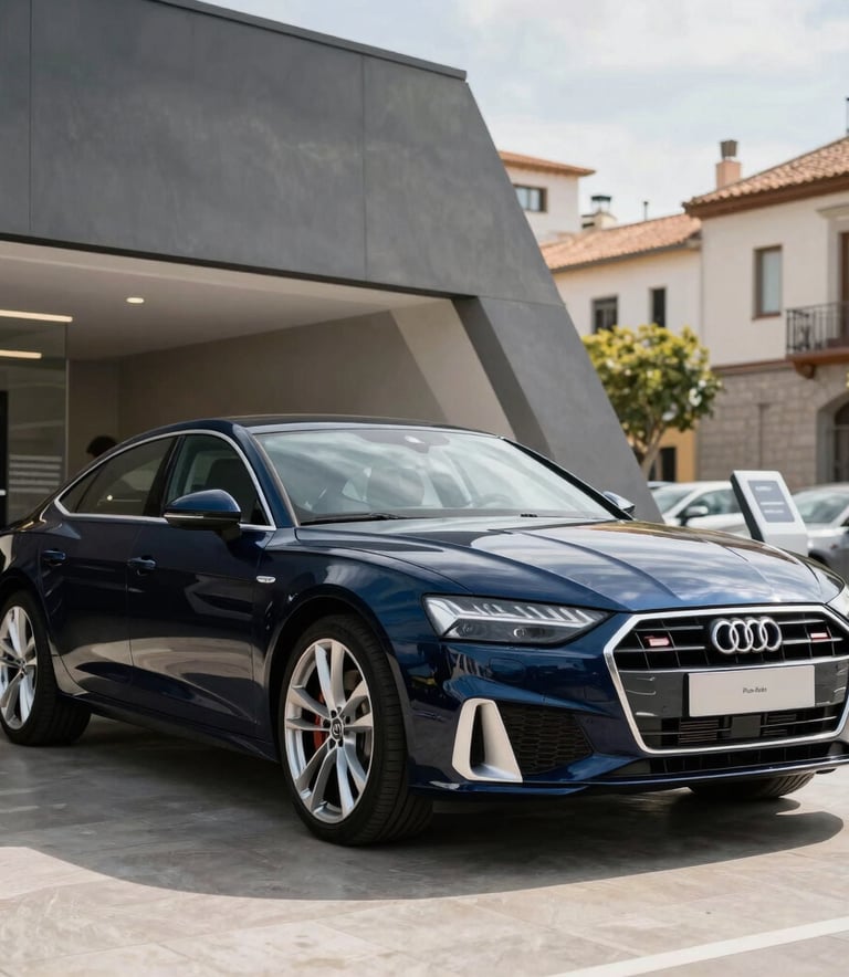 A sleek, dark navy luxury car parked in front of a modern, high-end showroom in a Southern European / Spanish city, bright daylight, professional photography style.