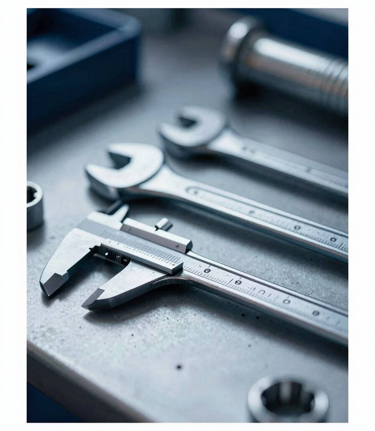 A professional close-up of high-quality industrial tools like wrenches and calipers laid out on a clean workbench. The lighting is crisp, highlighting the metallic texture and precision of the steel. The background features subtle dark navy tones (#1A202C) and cool steel blue shadows (#3A506B).