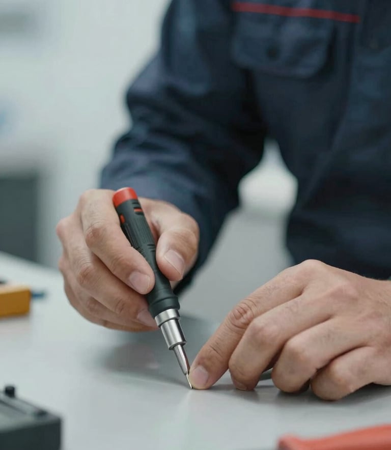 A professional tradesperson's hands using a precision tool on a workbench, focus on durability and expertise, clean background with #F8F9FA tones.