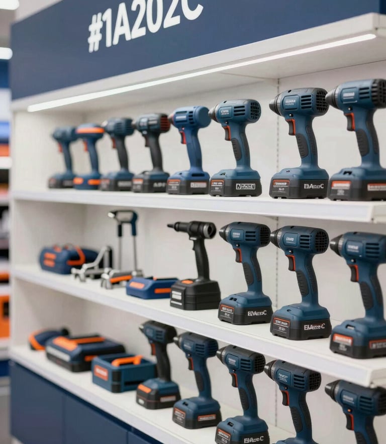 An organized display of high-quality professional power tools and hand tools in a modern retail showroom, featuring brand colors #1A202C and #3A506B, bright clean lighting.