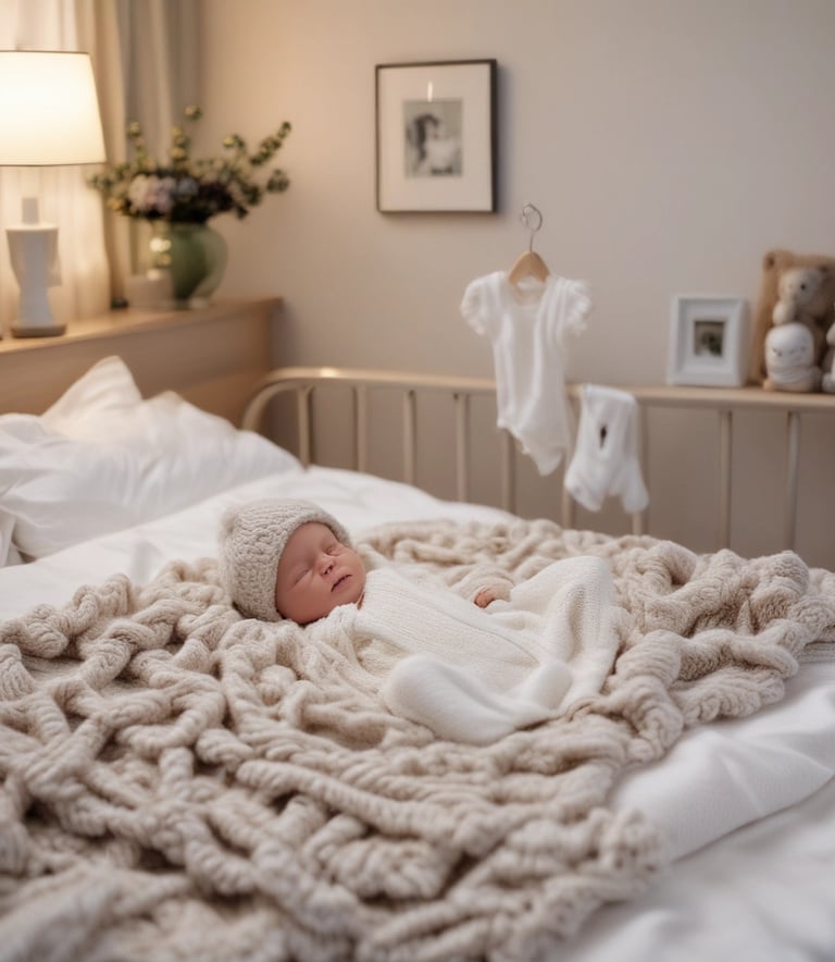 A neatly folded stack of baby clothes placed on a changing table. The clothes include various patterns and colors, with visible prints like cartoon characters. A red and black checkered garment and a pink romper are part of the collection.