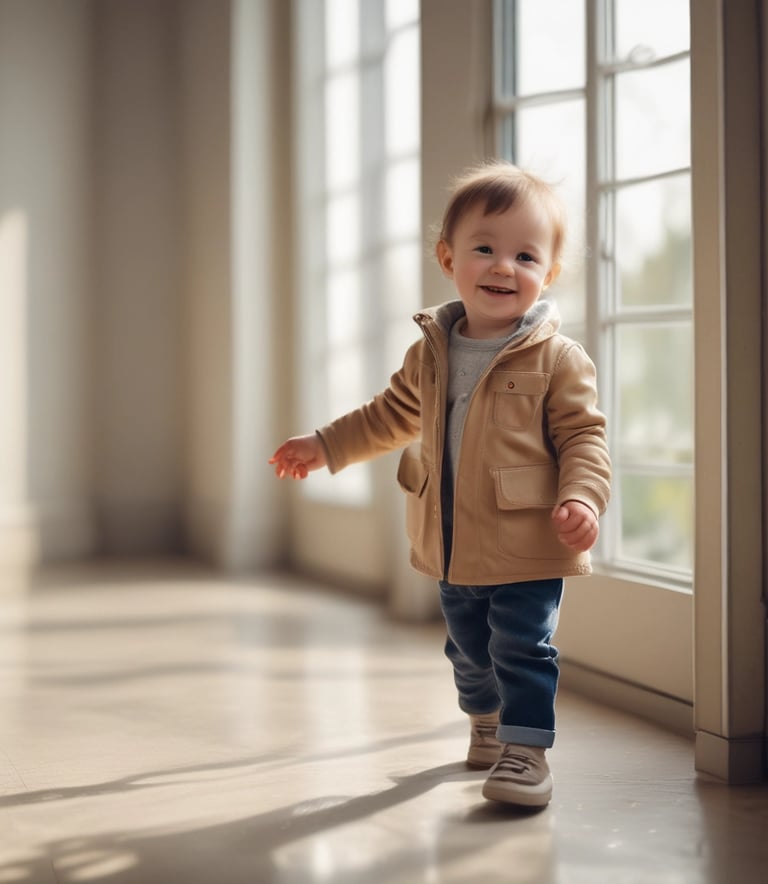 A brightly colored storefront for a kids and baby clothing shop with a sign reading 'bondberro.' The window displays various children's clothing items, and a person in dark clothing is entering the shop. In the foreground, a person on a scooter is passing by.