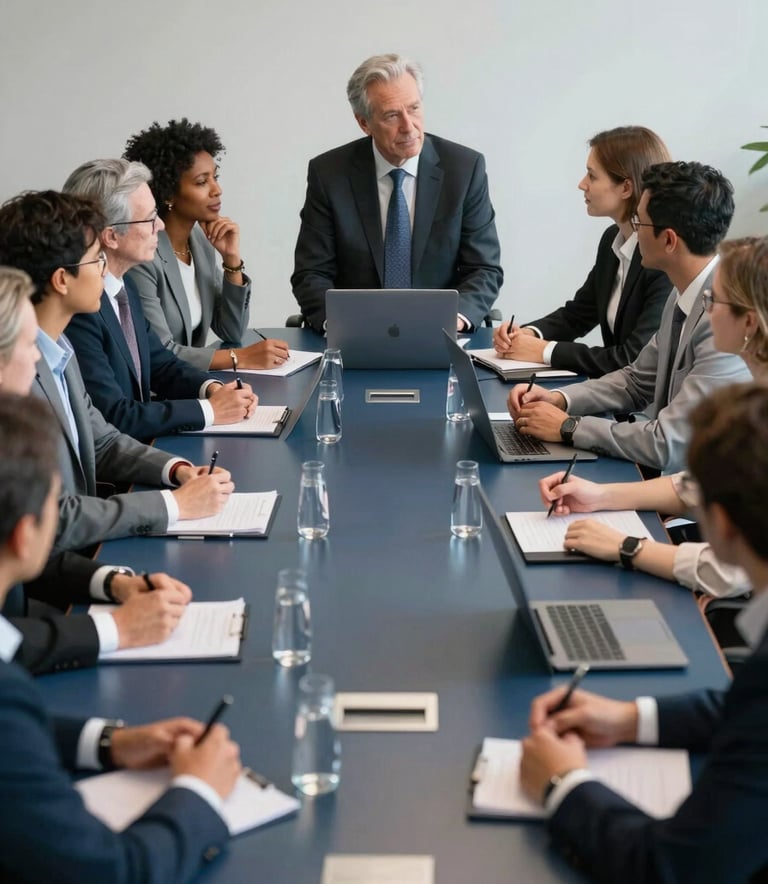 A diverse group of professionals in a Global / International corporate boardroom engaged in a strategic discussion around a Dark Slate Blue conference table.