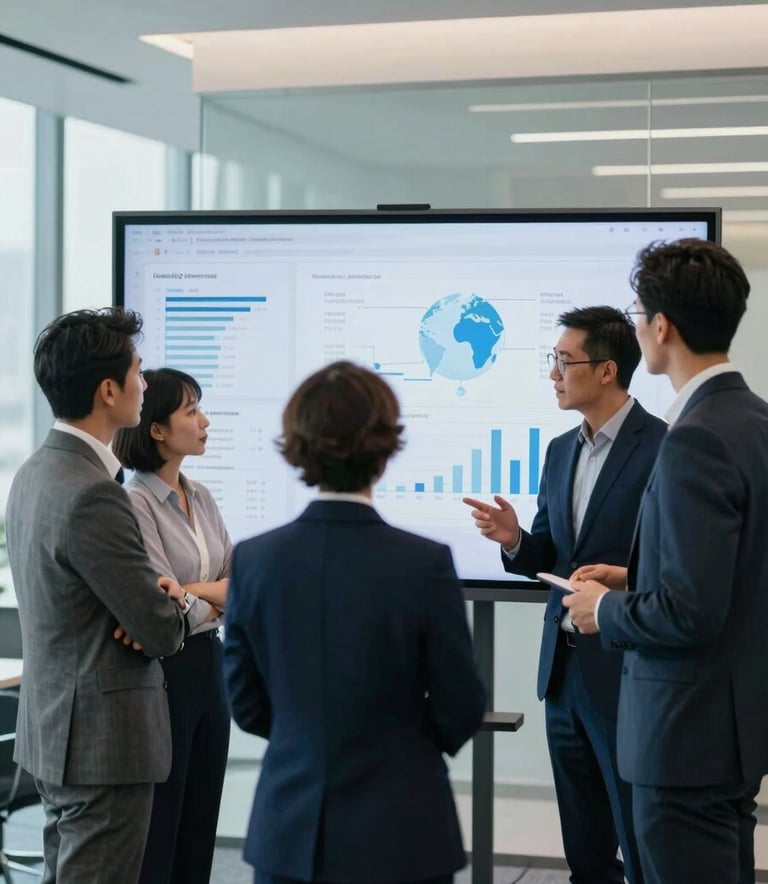 A group of diverse professionals in a sleek, modern Global / International corporate office discussing data on a large screen, bright professional lighting with Steel Blue and Pale Blue Mist accents.