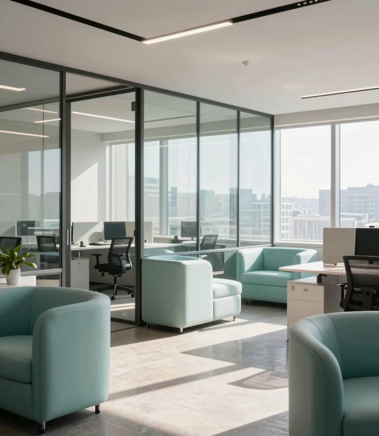 A bright, open-plan Global / International office space with glass partitions and Pale Teal furniture accents. The atmosphere is clean, airy, and professional with soft morning sunlight.