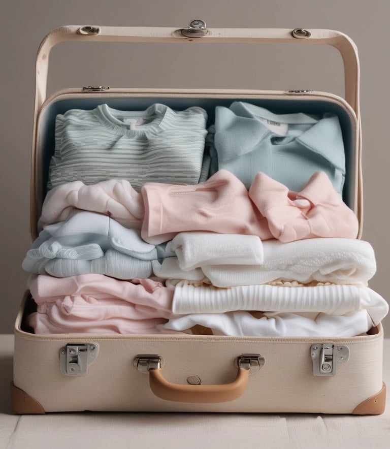 A baby lies on a white quilt surrounded by various baby care products, such as lotions, baby oil, and diapers. The baby is wearing a white diaper with colorful hair ties scattered around. Bright packaging and diverse product shapes create an organized composition.