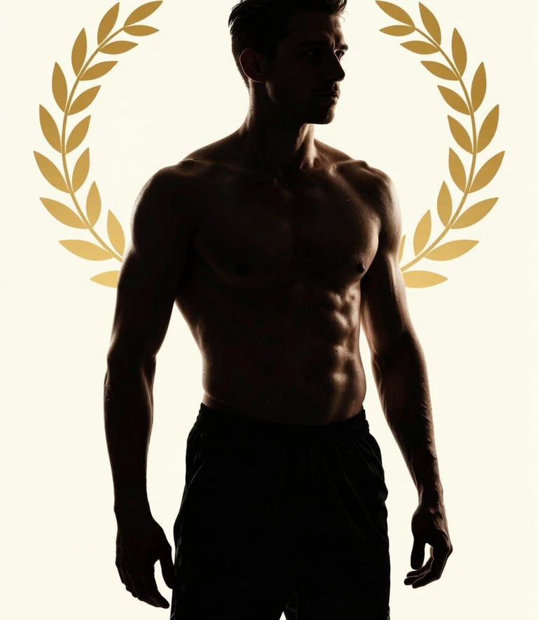 Photography of a high-performance athlete silhouette against a soft cream background, highlighted with rich gold rim lighting. Sophisticated and powerful athletic composition, professional fitness photography.