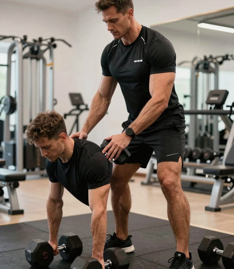 A professional trainer in jet black athletic wear assisting a client with heavy dumbbells in a modern, bone white and deep bronze fitness suite.