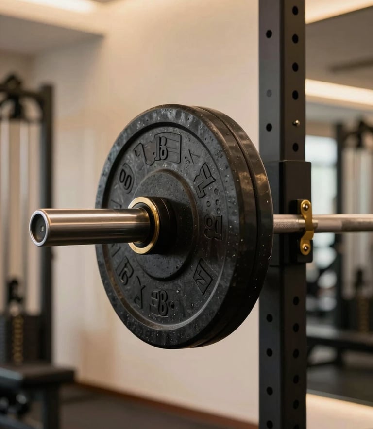 Close-up of professional weightlifting equipment in deep black steel with rich gold accents, set in a premium, modern gym with soft cream walls and warm, directional lighting. High-performance atmosphere.