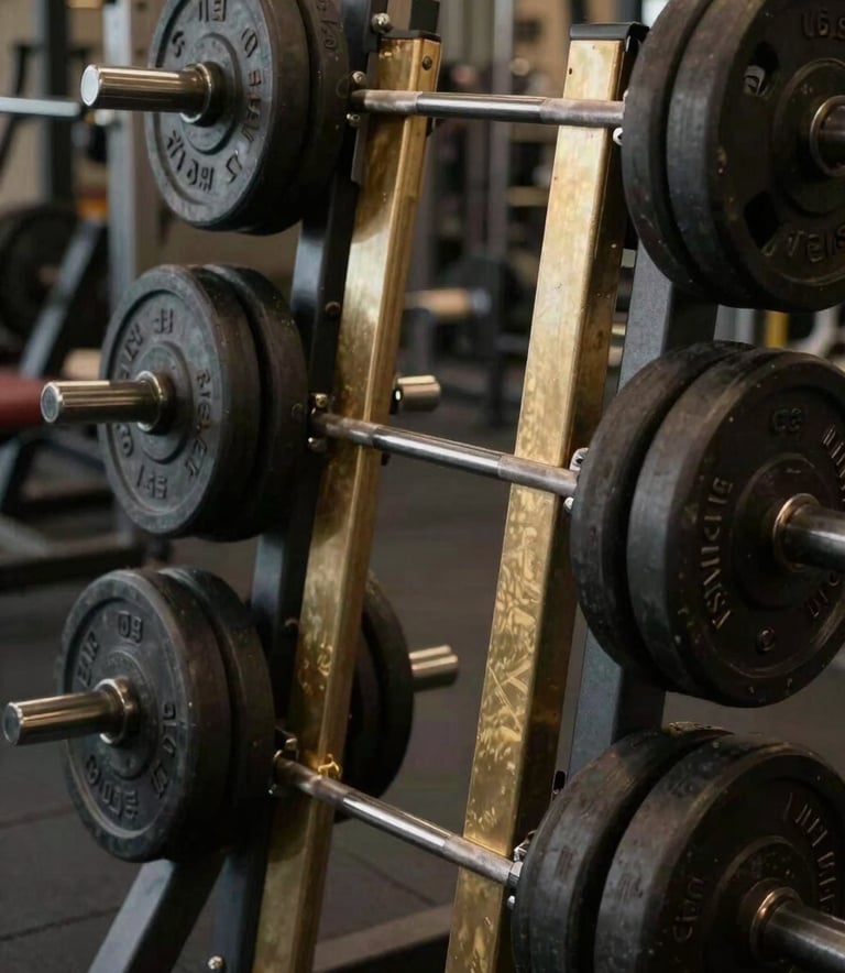 A close-up photograph of a heavy barbell rack with muted gold-plated weights and jet black iron, soft cinematic lighting in a luxury gym setting.