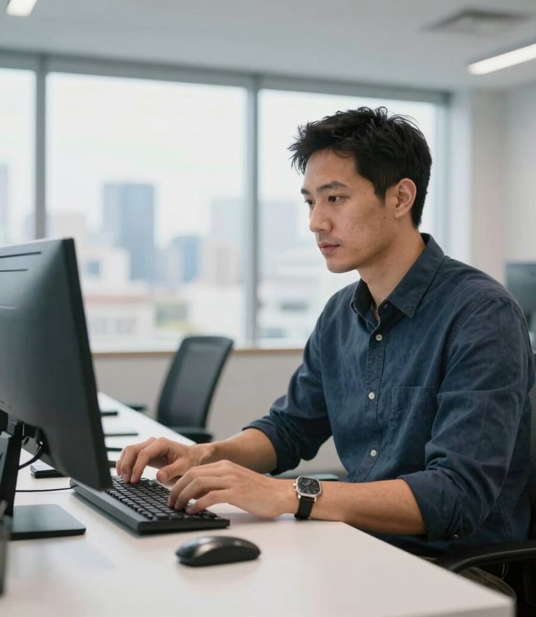 A professional tech expert at a workstation in a bright Sydney office, Australian / Oceanic context, focused and competent, clean white and blue interior.