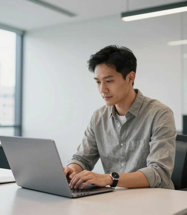 A professional Australian IT consultant in a bright, modern Melbourne office, wearing business casual attire and working on a high-end laptop. The background features clean white walls and large windows with soft natural light, highlighting a professional and trustworthy atmosphere with modern blue accents.