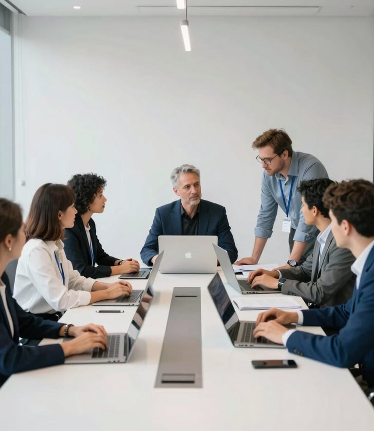A diverse team of IT professionals collaborating around a large table in a sunlit Sydney boardroom. The scene features modern technology, clean lines, and a professional, reliable vibe. Palette includes white, modern blue, and slate grey tones.