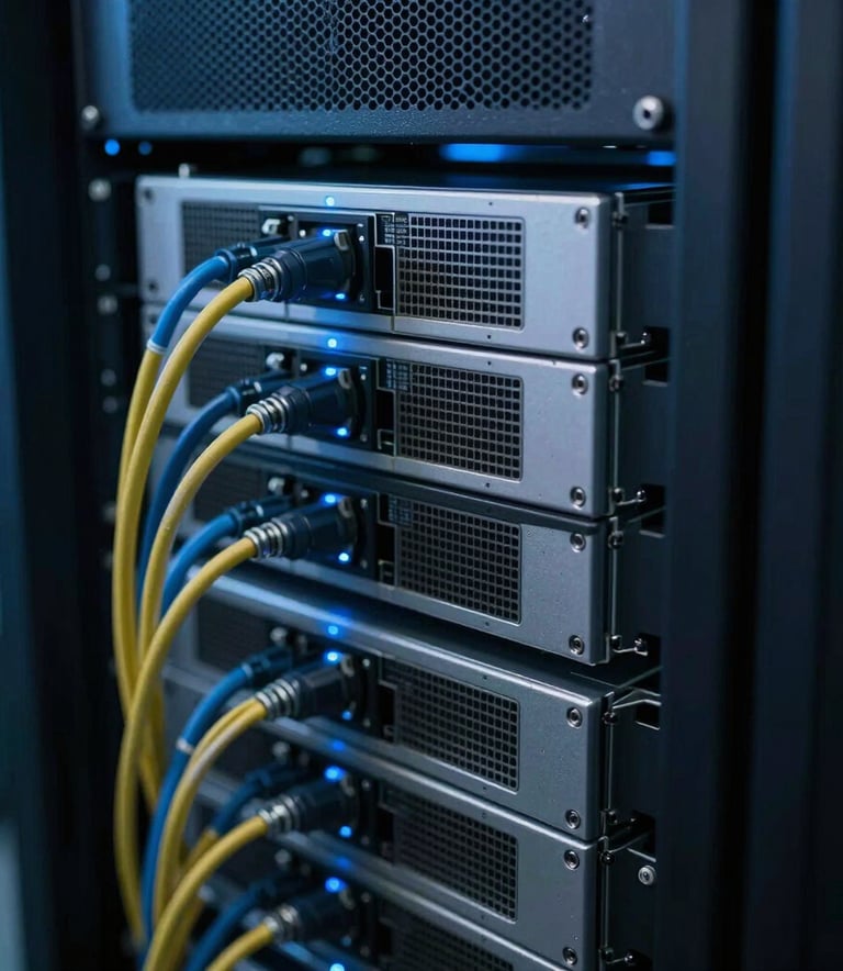 Close up of high-quality server hardware in a data center, soft blue LED lighting, organized cables, professional and trustworthy feel, Australian / Oceanic context.