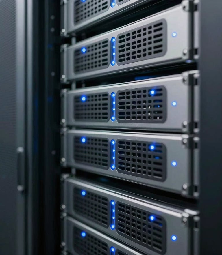 Macro photography of a high-tech server room in a Northern European data center with soft blue indicator lights, representing technical expertise and security, shallow depth of field, cool grey and steel blue color palette.